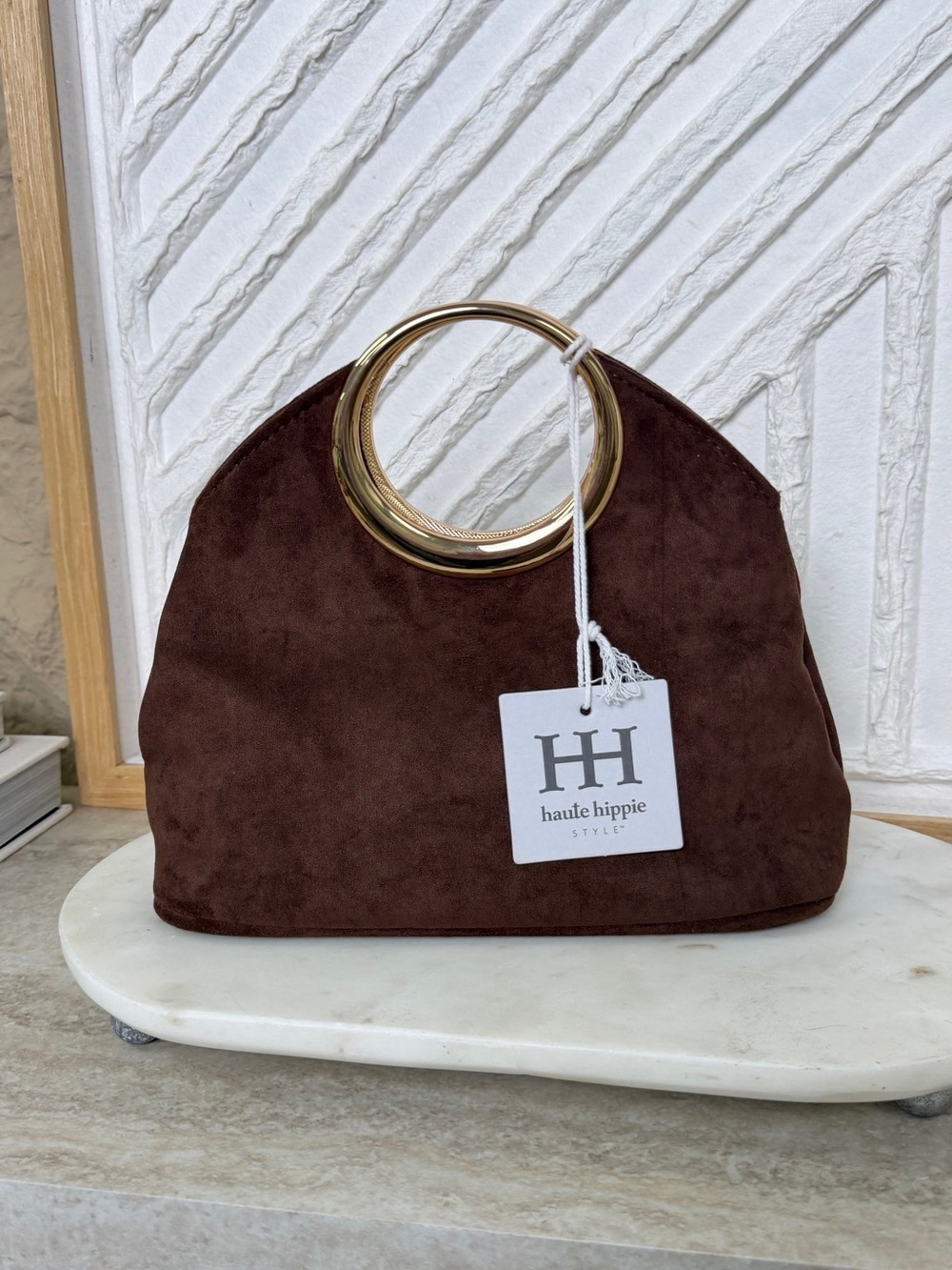 Haute Hippie Chocolate Brown Suede Clutch with Gold Ring Handle - Picture 7 of 16